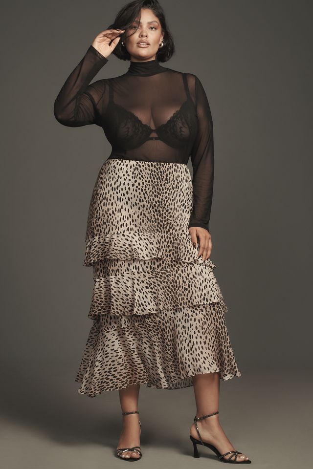 RIXO Leopard Preslee Silk Ruffled Midi Skirt | Anthropologie