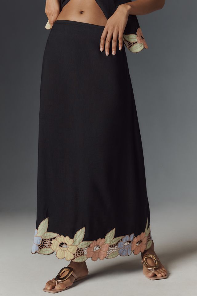 RIXO Serano Linen Blend Garden Cutwork Midi Skirt
