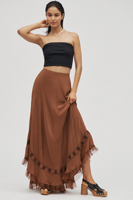 Rixo London Rudy Fringe-hem Silk Maxi Skirt In Brown