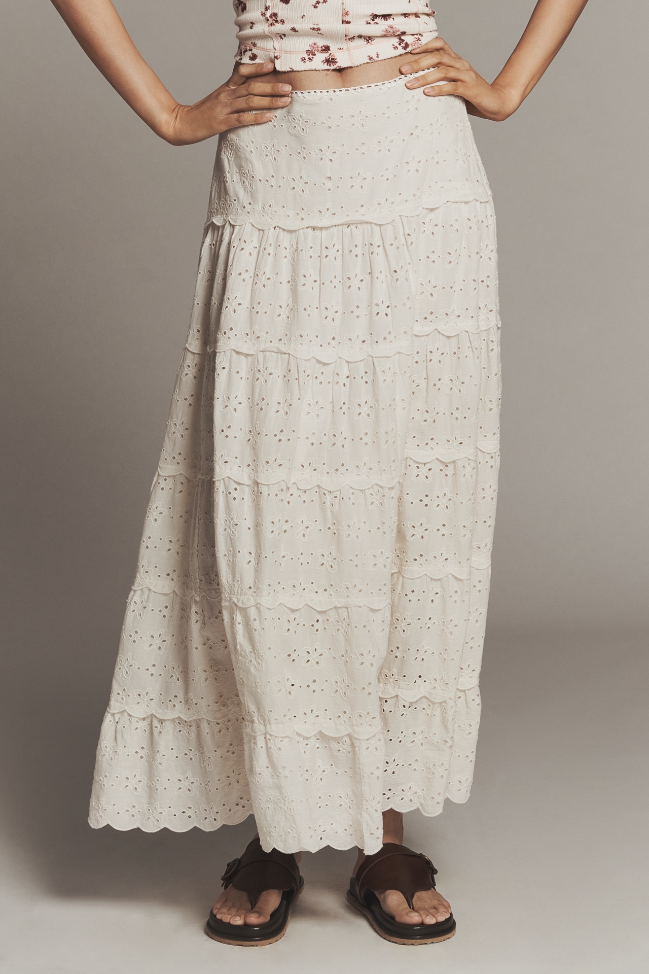 RIXO Ripeka Tiered Eyelet Maxi Skirt