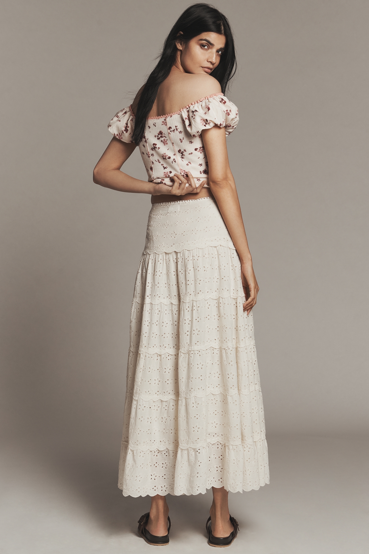 RIXO Ripeka Tiered Eyelet Maxi Skirt