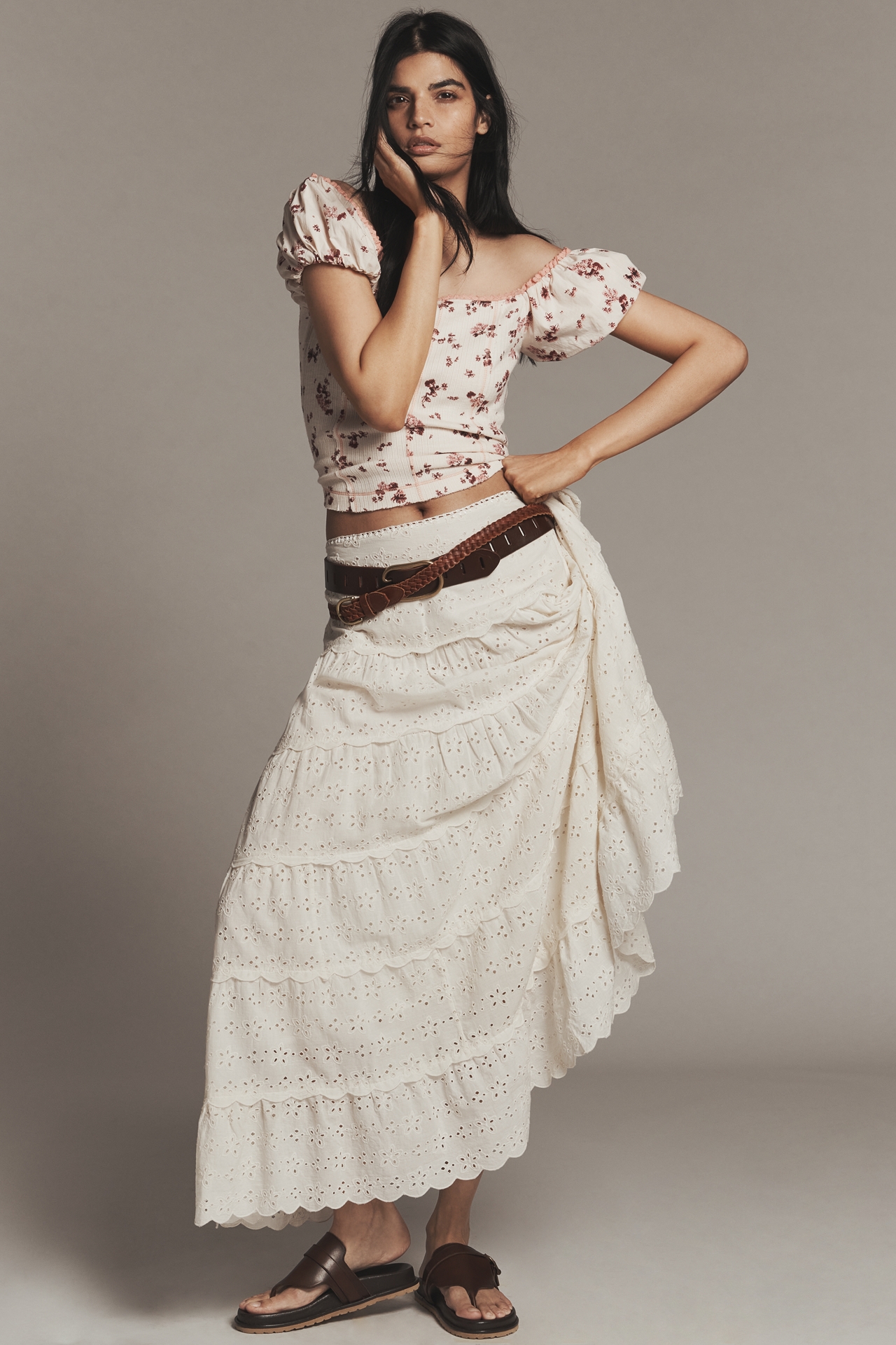 RIXO Ripeka Tiered Eyelet Maxi Skirt