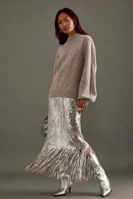 Stella Nova Sequin Fringe Midi Skirt In Silver