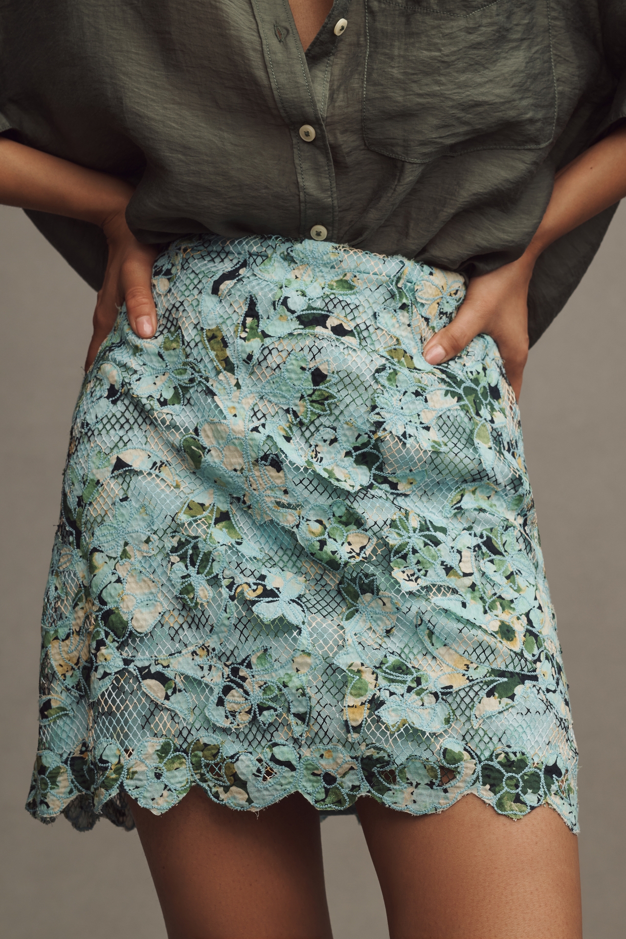 By Anthropologie Printed Embroidered Lace Mini Skirt