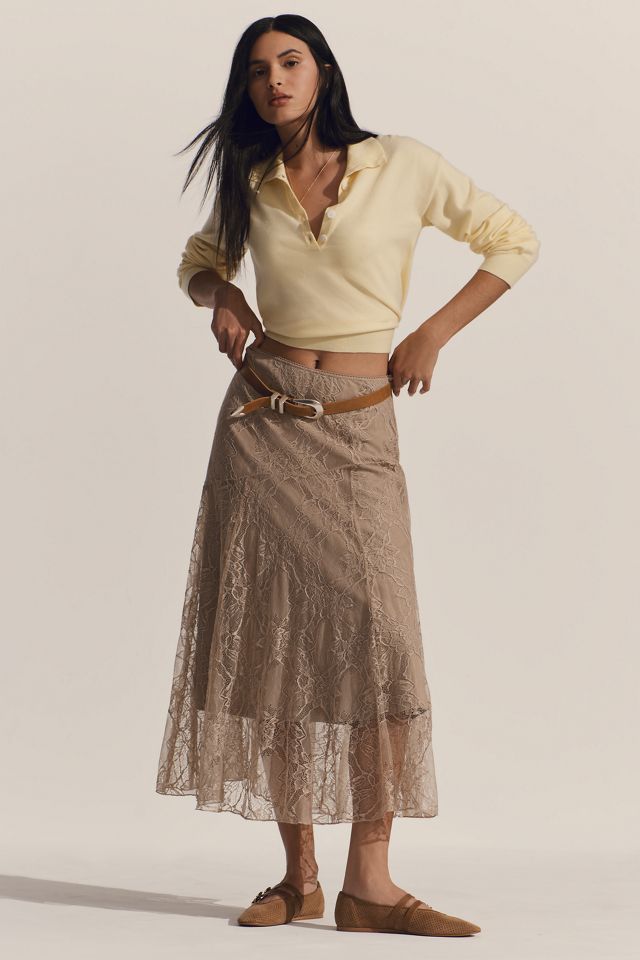 By Anthropologie Asymmetric Drop-Waist Lace Midi Skirt #5