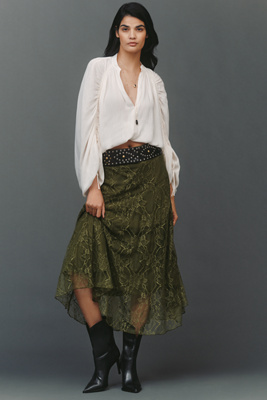 By Anthropologie Asymmetric Drop-waist Lace Midi Skirt In Green