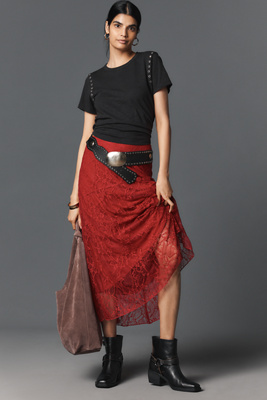 By Anthropologie Asymmetric Drop-waist Lace Midi Skirt In Burgundy