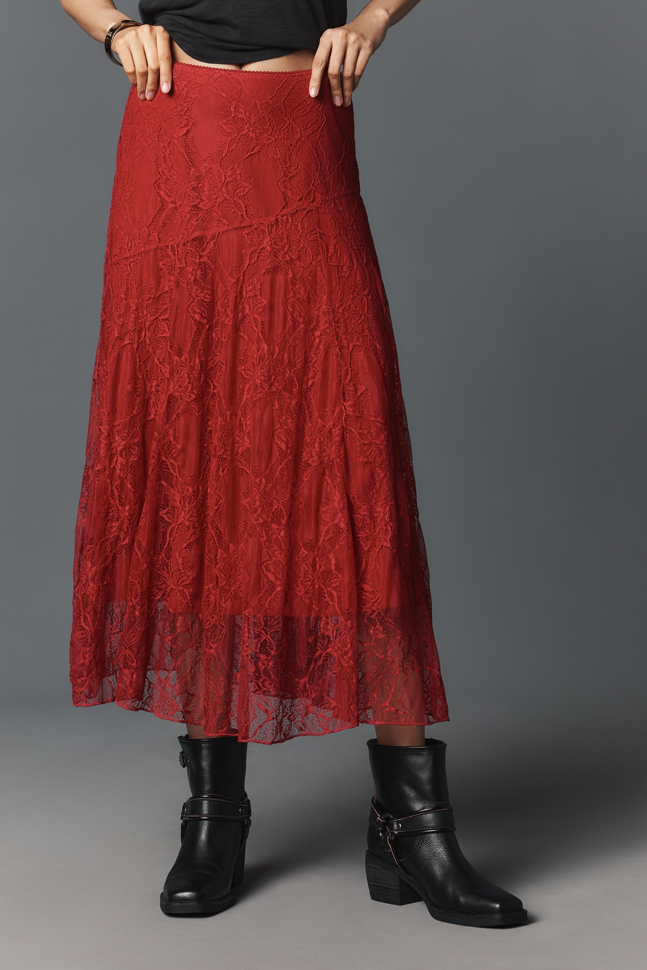 By Anthropologie Asymmetric Drop-Waist Lace Midi Skirt