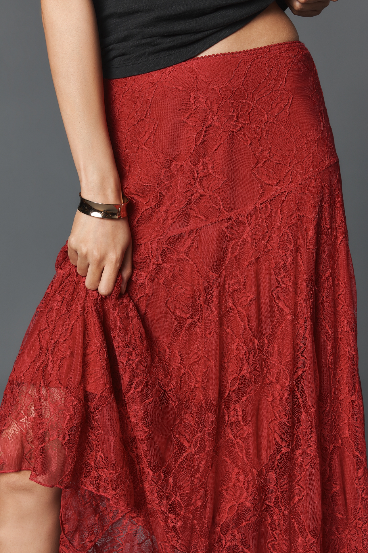 By Anthropologie Asymmetric Drop-Waist Lace Midi Skirt