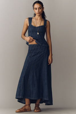 By Anthropologie Swirled Denim Maxi Skirt