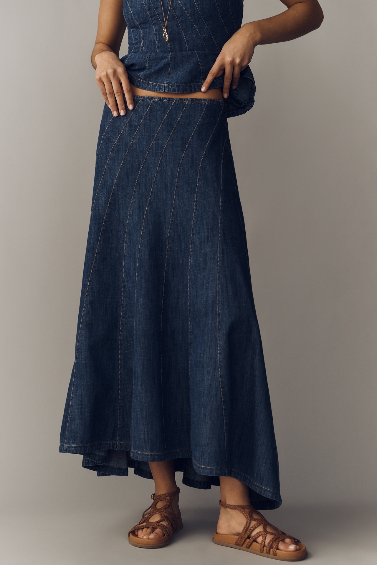 By Anthropologie Swirled Denim Maxi Skirt