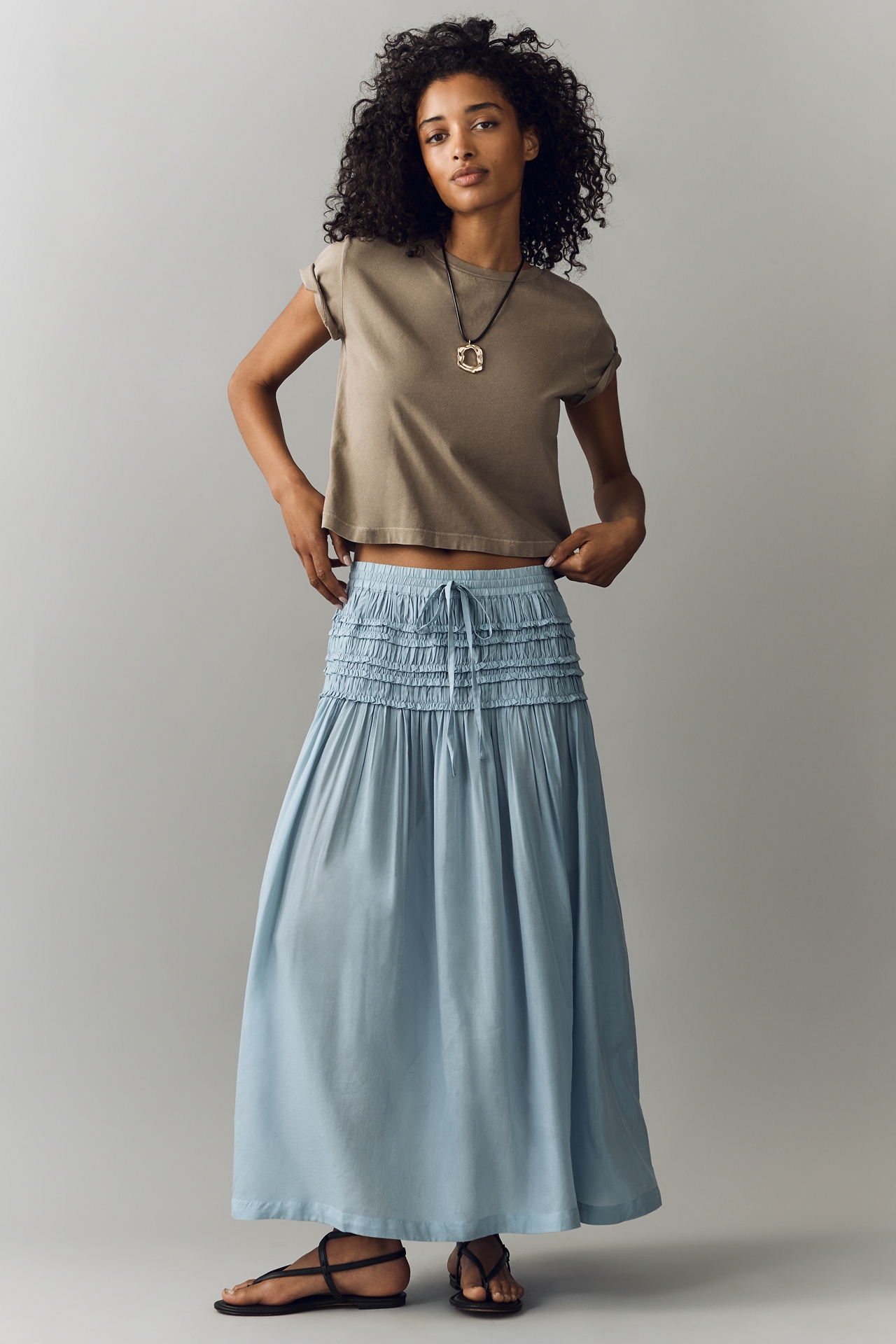 By Anthropologie Smocked Drawstring Midi Skirt