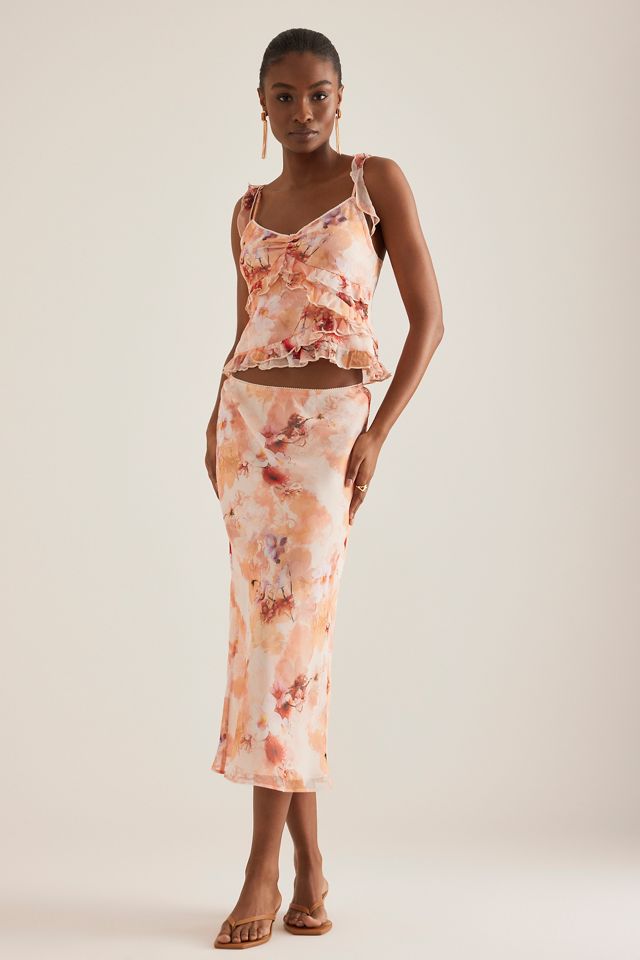 By Anthropologie Floral Chiffon Bias Midi Skirt #2