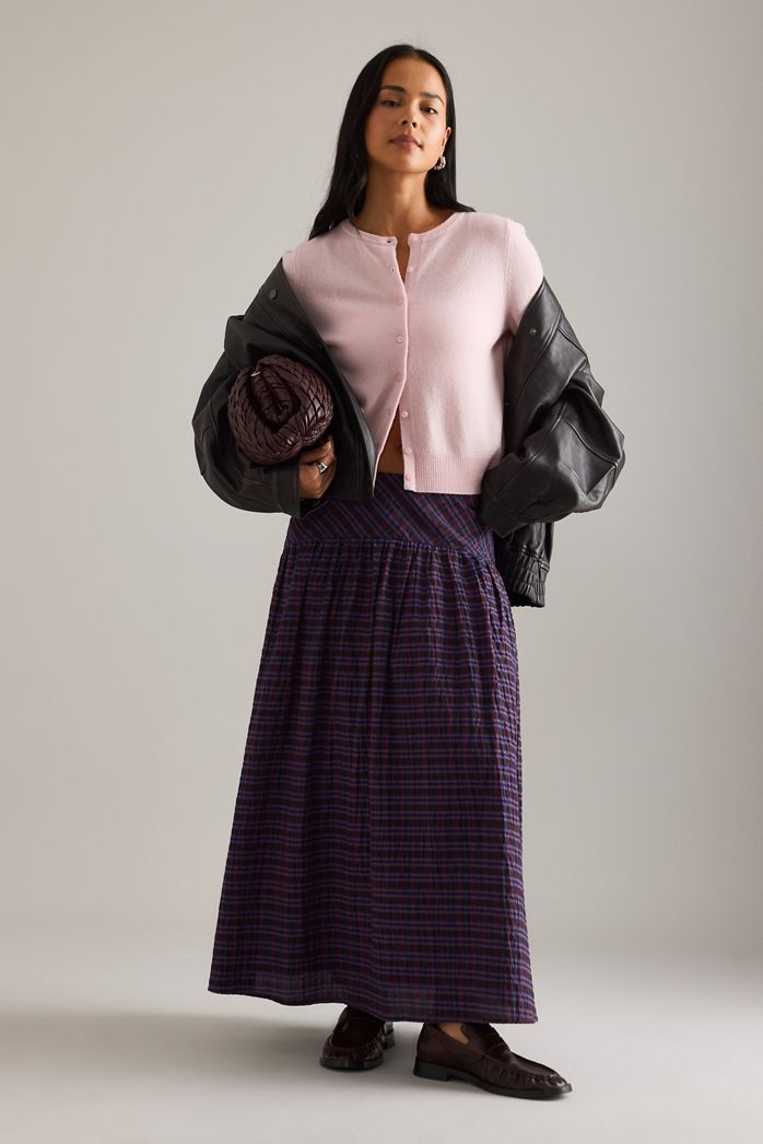 By Anthropologie Basque Waist Check Midi Skirt