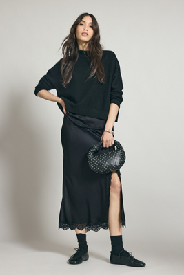 By Anthropologie Lace-Trim Bias-Cut Satin Midi Skirt