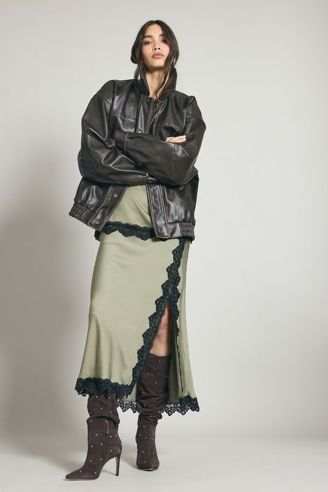 By Anthropologie Lace-Trim Bias-Cut Satin Midi Skirt #4