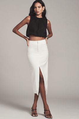 ENDLESS ROSE LINEN BLEND FRONT-SLIT SLIM MIDI SKIRT 