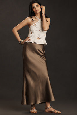 Endless Rose Satin Bias Fitted Maxi Skirt In Brown