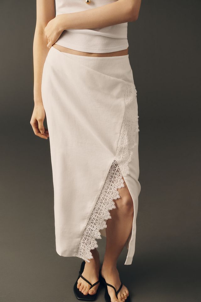 Shona Joy 100% Linen Tolie Lace Midi Skirt | Anthropologie