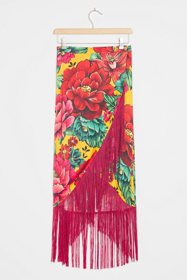 Farm Rio Benita Fringed Wrap Midi Skirt #1