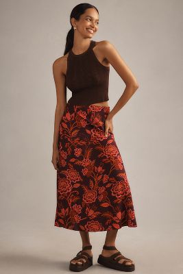 Shop Farm Rio X Anthropologie Satin Slip Midi Skirt In Multicolor