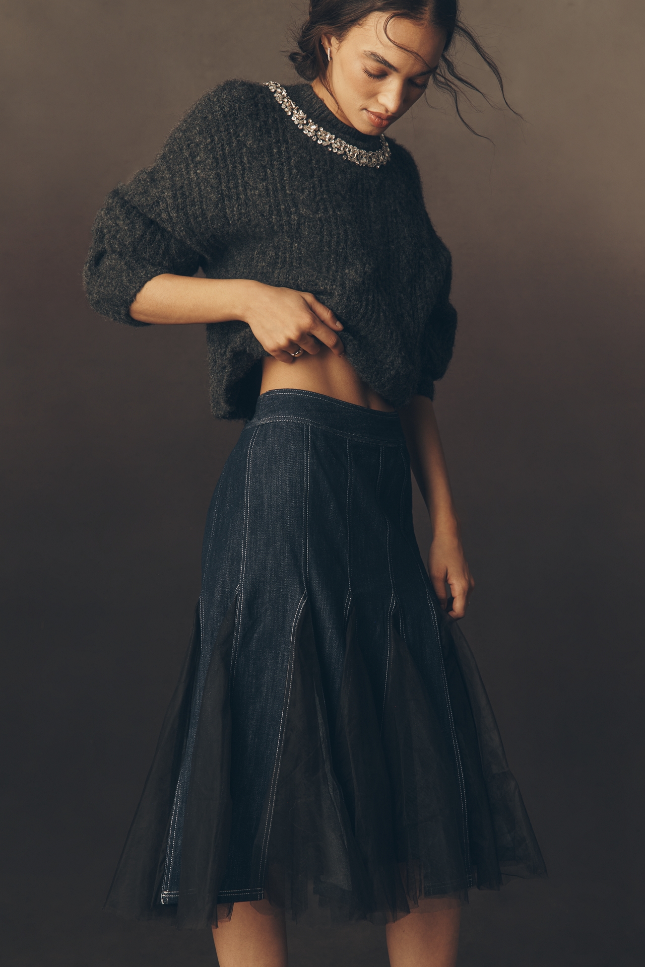 Pilcro Tulle Godet Denim Mid Skirt