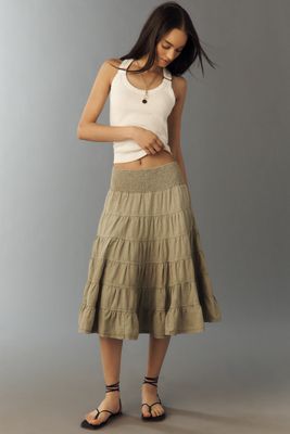 Pilcro Reese Linen Cotton Smocked Midi Skirt 