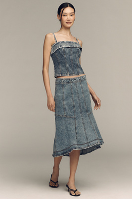 Denim Seamed Midi Skirt