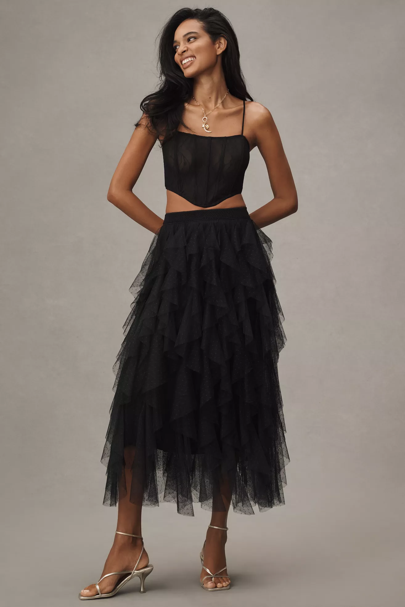 A black, ruffled tulle skirt