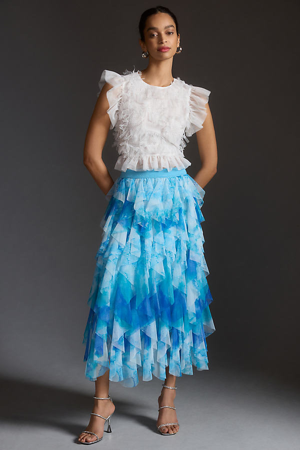 By Anthropologie The Chéri Ruffled Tulle Midi Skirt  In Blue