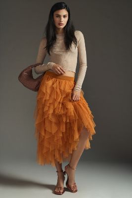By Anthropologie Ruffled Tulle Midi Skirt In Orange
