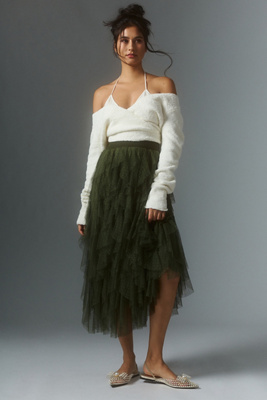 By Anthropologie Ruffled Tulle Midi Skirt In Green