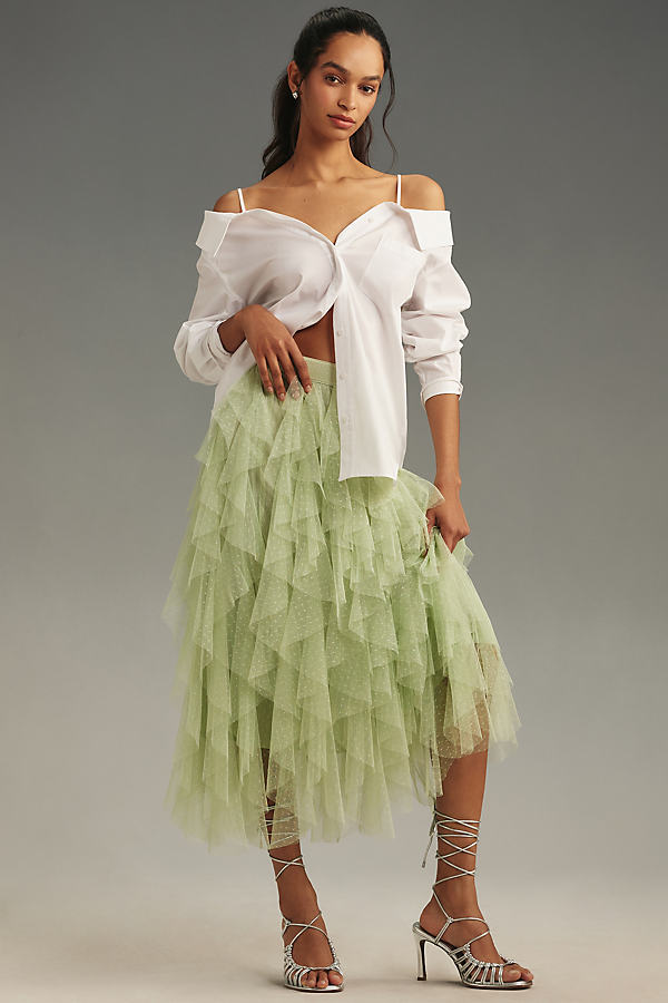 By Anthropologie The Chéri Ruffled Tulle Midi Skirt  In Mint