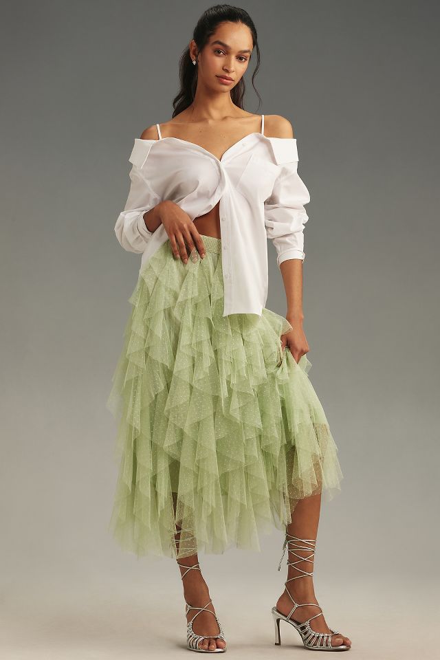 The Ch ri Ruffled Tulle Midi Skirt by Anthropologie Anthropologie