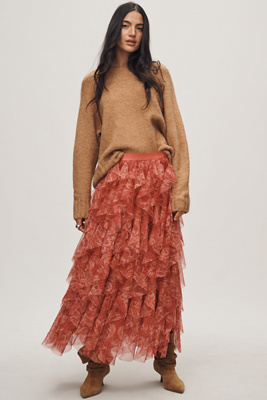 By Anthropologie The Chéri Ruffled Tulle Midi Skirt  In Multi