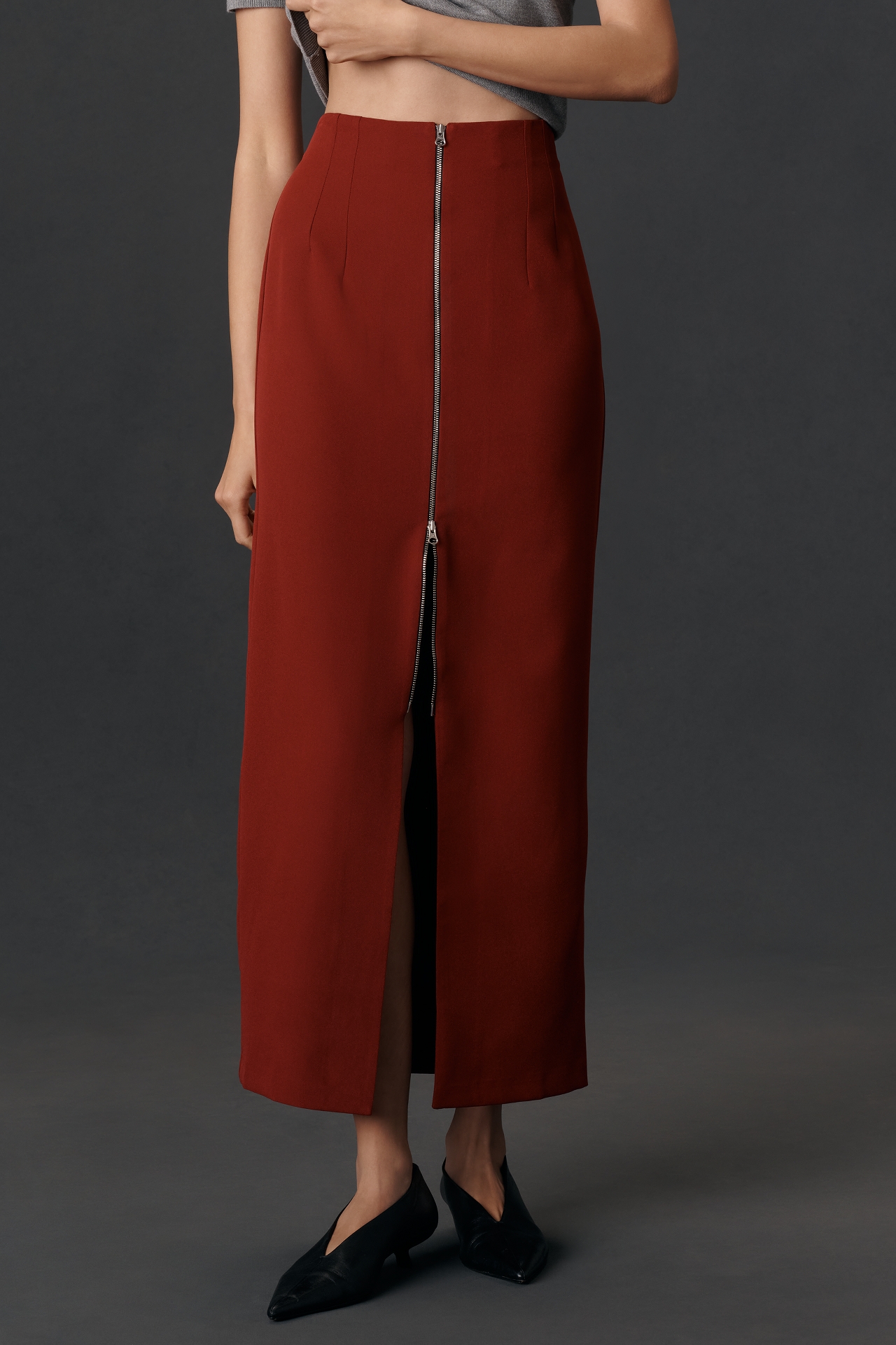 Maeve Zip-Front Column Midi Skirt