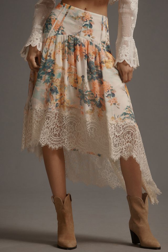 By Anthropologie Asymmetrical Lace A-Line Skirt #2