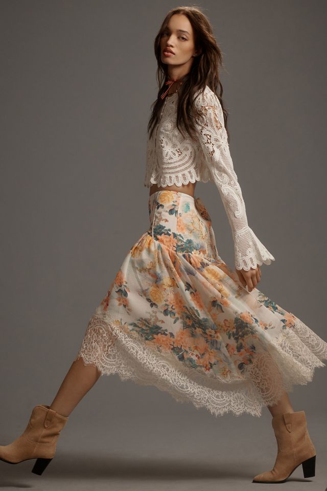 By Anthropologie Asymmetrical Lace A-Line Skirt #4