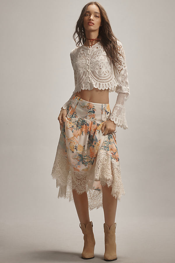 By Anthropologie Asymmetrical Lace A-line Midi Skirt In Orange