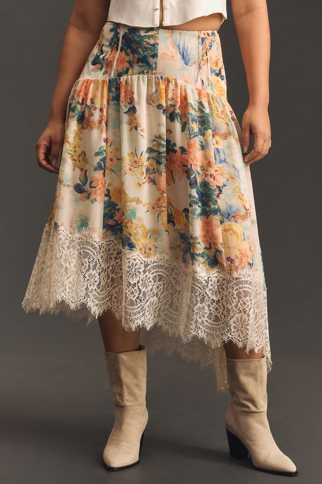 By Anthropologie Asymmetrical Lace A-Line Skirt #6