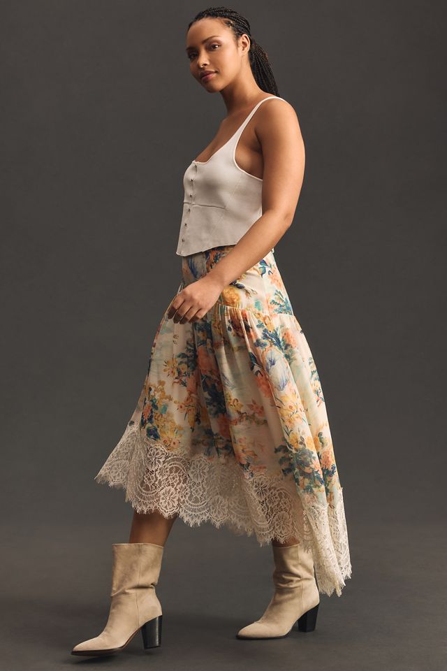 By Anthropologie Asymmetrical Lace A-Line Skirt #7