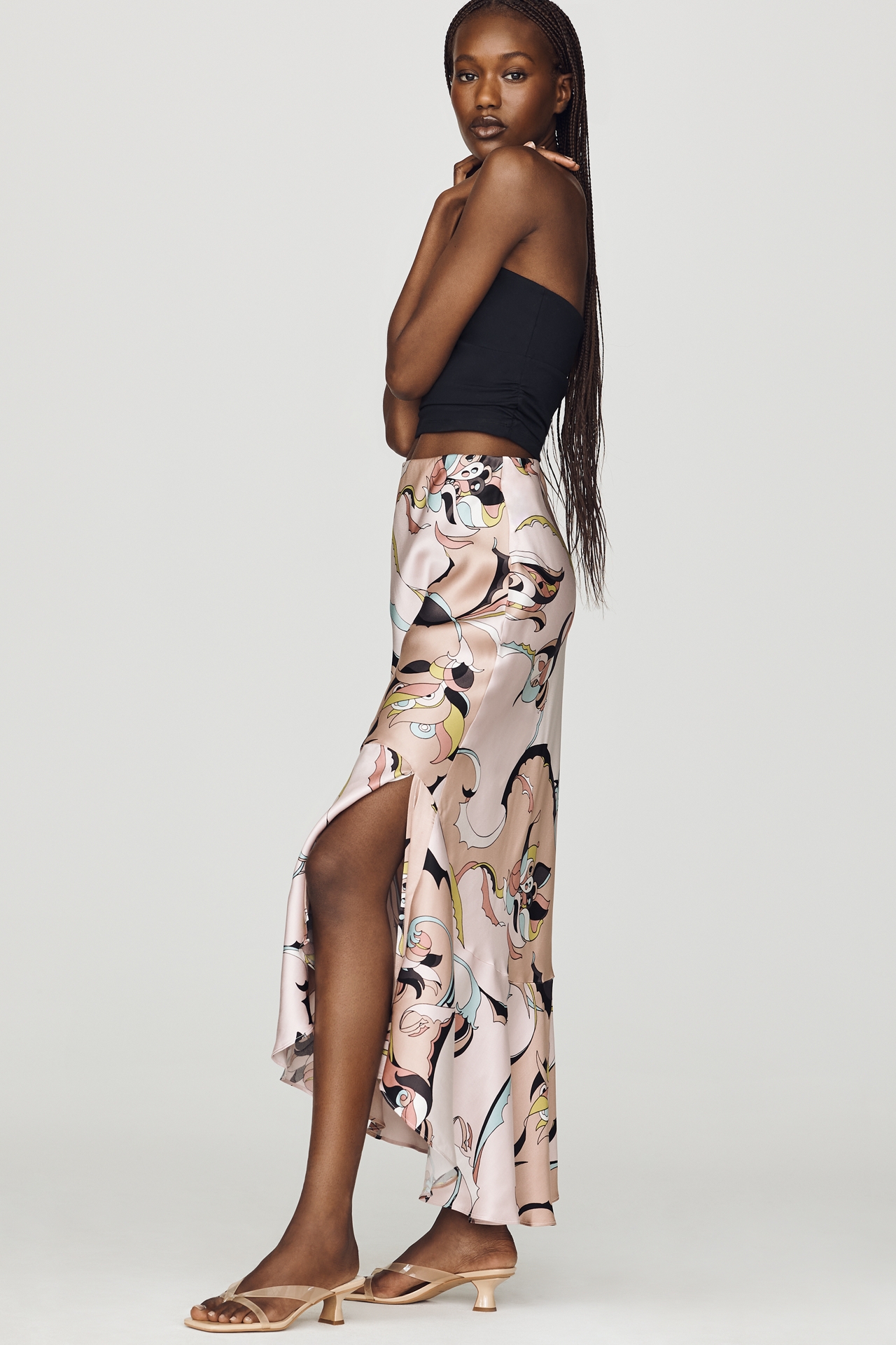Maeve Bias Cut Satin Midi Skirt