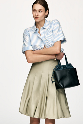 Cotton Pleated Bubble-Hem Midi Skirt