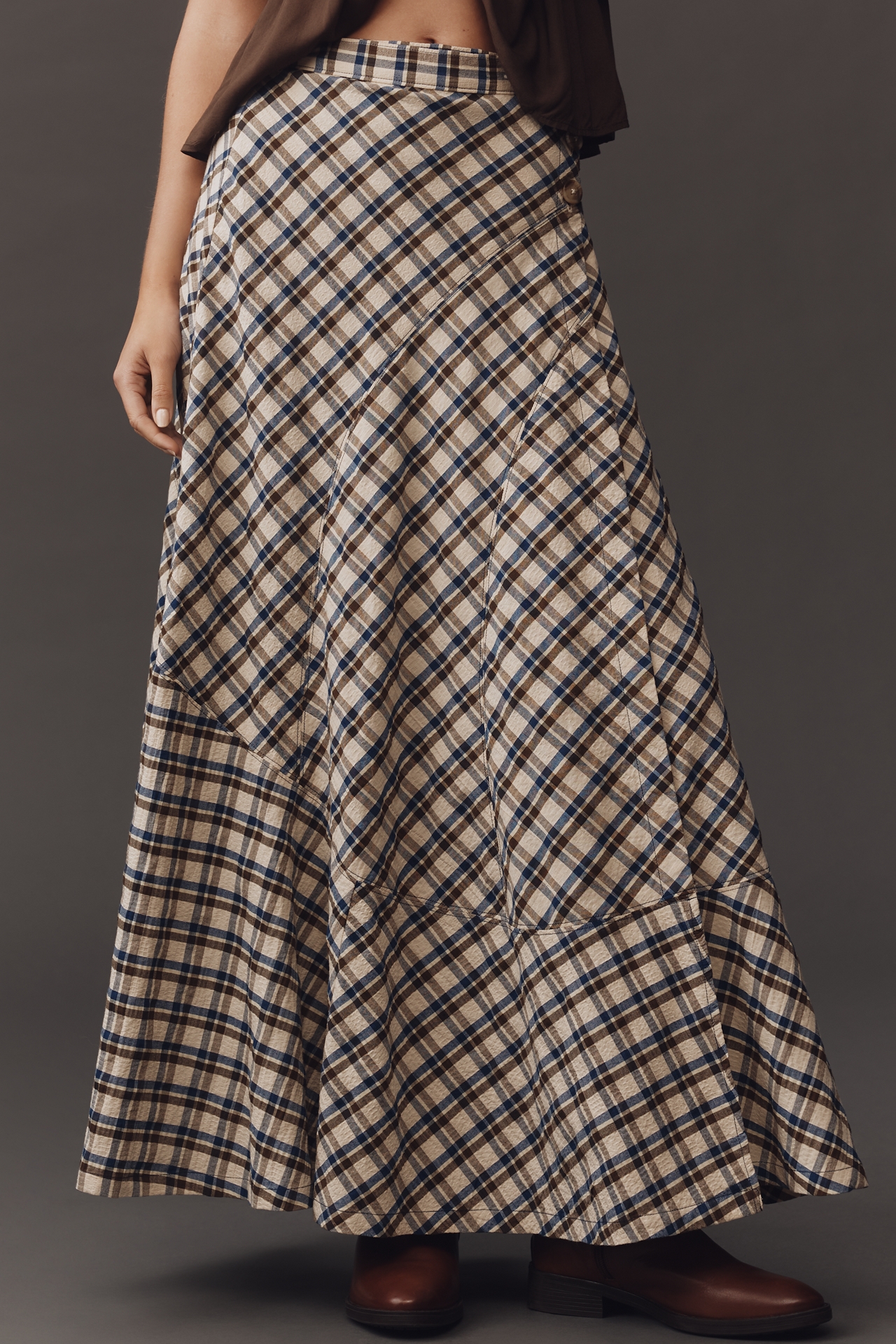 By Anthropologie Seamed Plaid Wrap Maxi Skirt