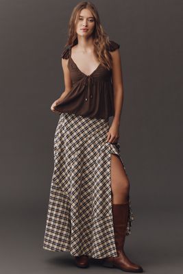 By Anthropologie Seamed Plaid Wrap Maxi Skirt