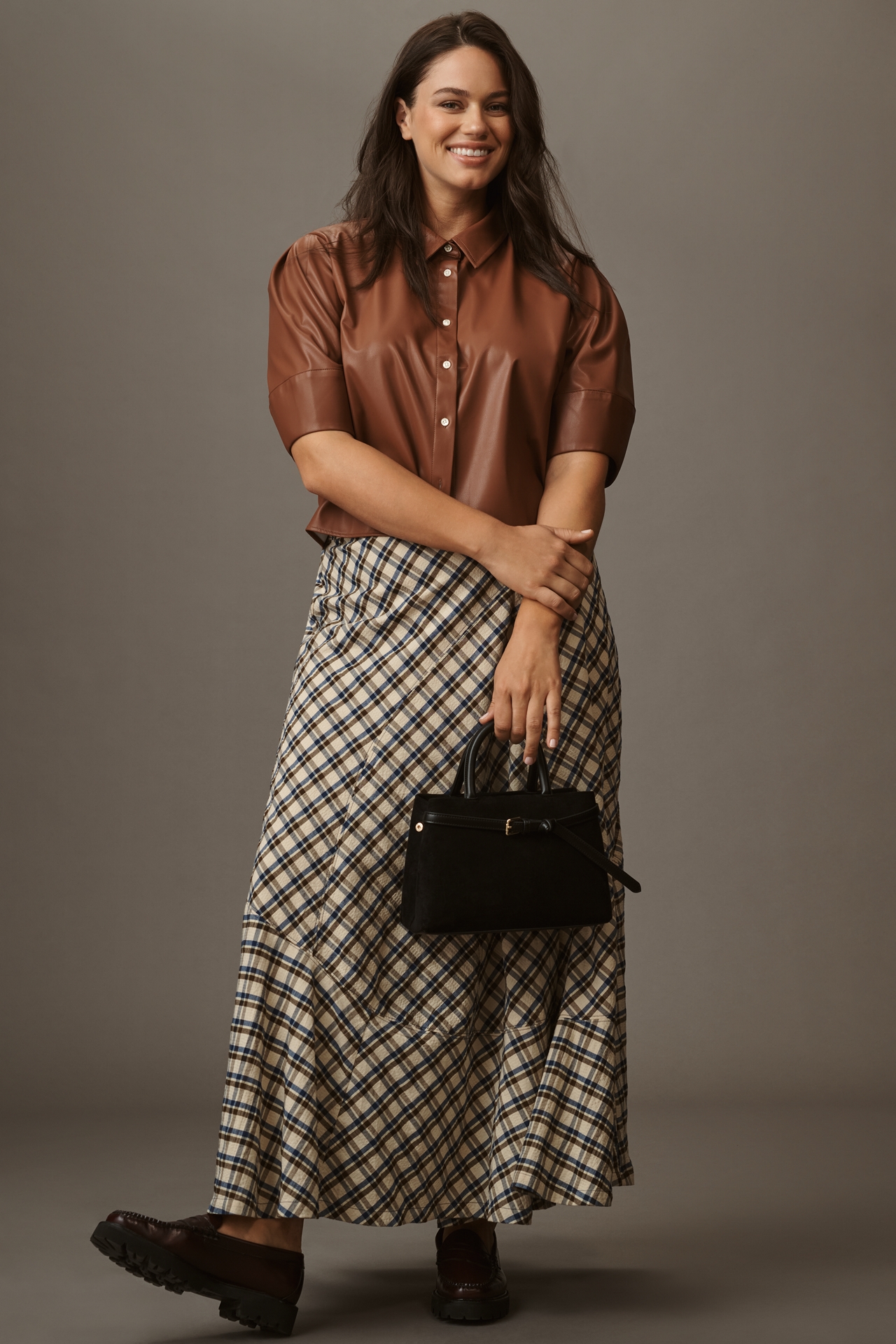 By Anthropologie Seamed Plaid Wrap Maxi Skirt
