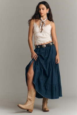 100% Cotton Tiered Denim Midi Skirt