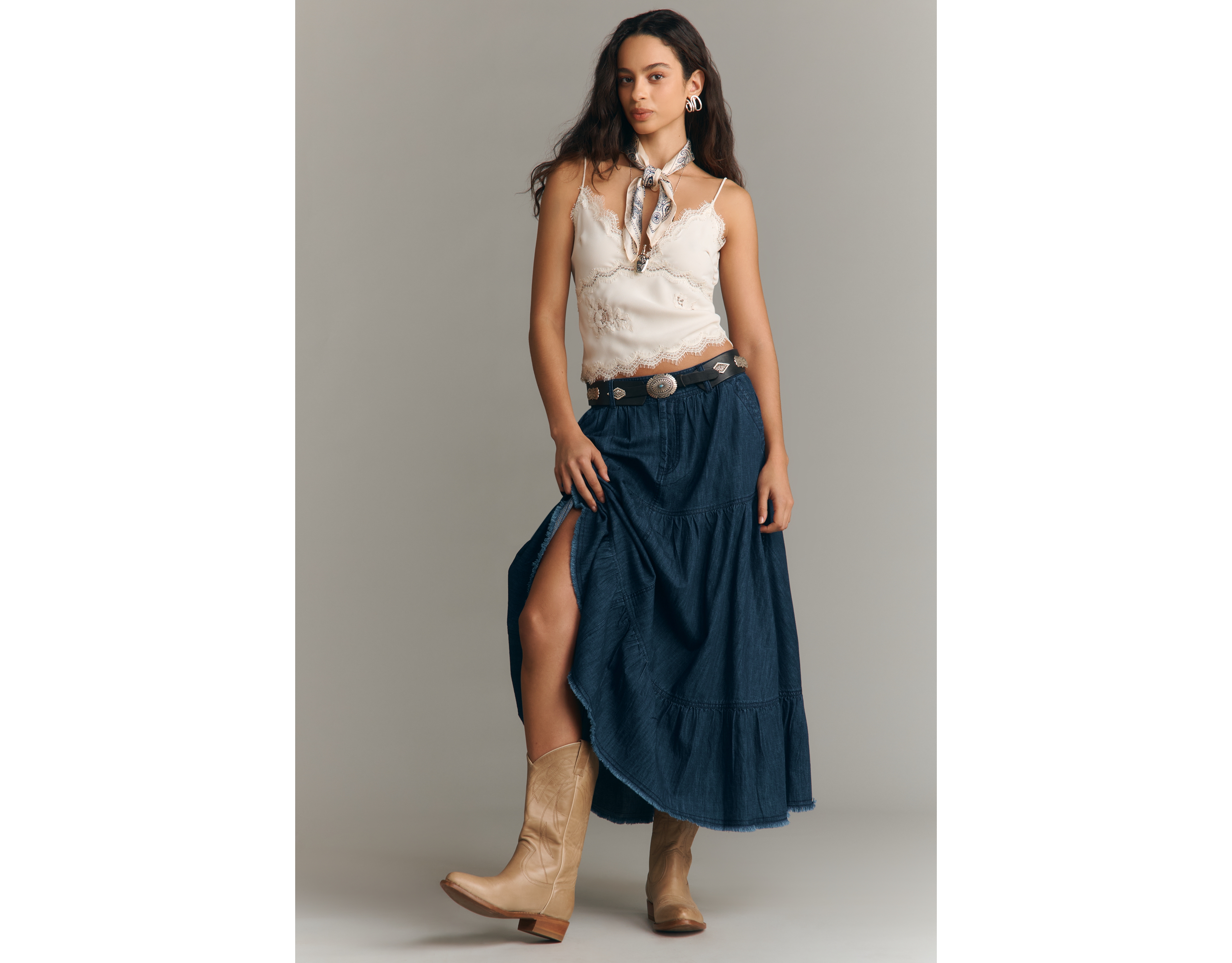 Pilcro 100% Cotton Denim Tiered Midi Skirt