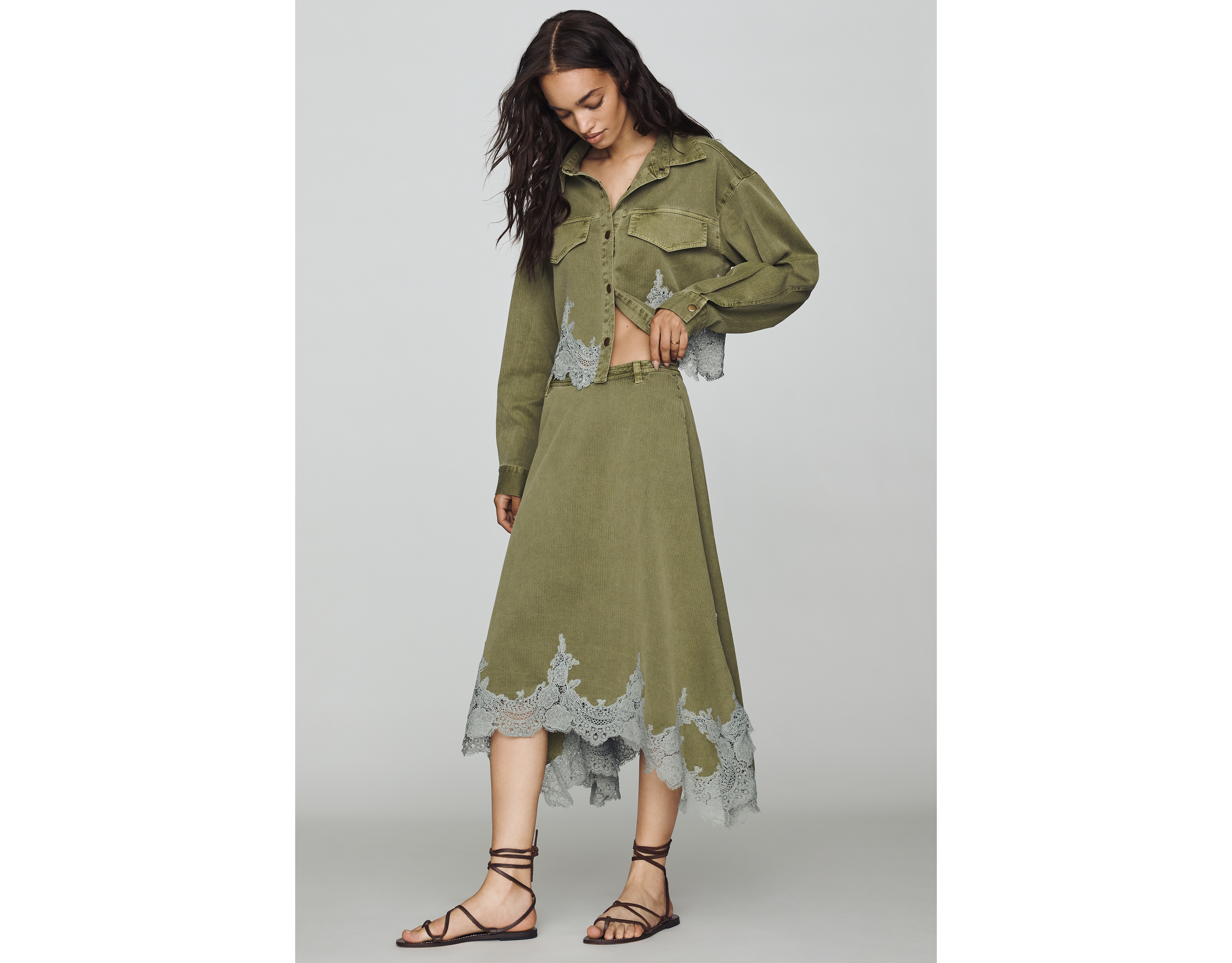 By Anthropologie Lace-Trim Utility Midi Skirt