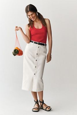 SANCTUARY CARRIER BUTTON-FRONT DENIM MIDI SKIRT 